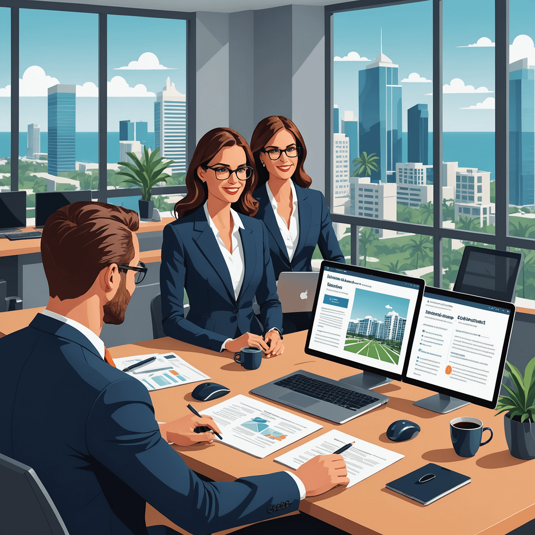 Illustration of a real estate agent and virtual assistant collaborating over digital Florida map.